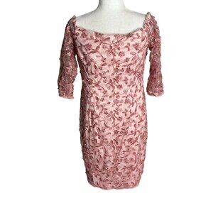 Adrianna Papell Floral Embroidered Dress Size 10 Pink Lace Off Shoulder Sleeves